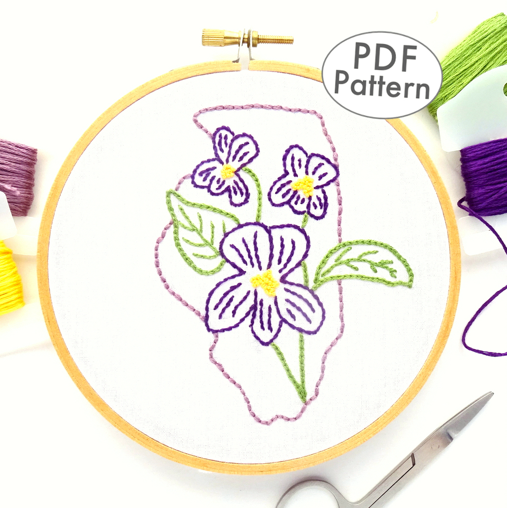 Digital Hand Embroidery Pattern I State of Illinois Outline with Violet I Easy Beginner Pattern