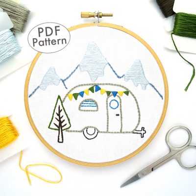 Vintage Trailer Winter Mountains Hand Embroidery Pattern