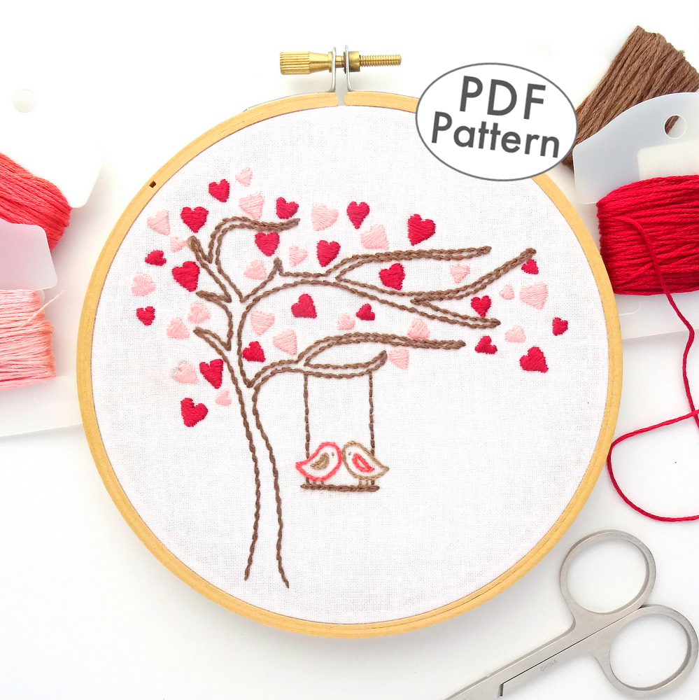 Love Birds Heart Tree Hand Embroidery Pattern - Wandering Threads