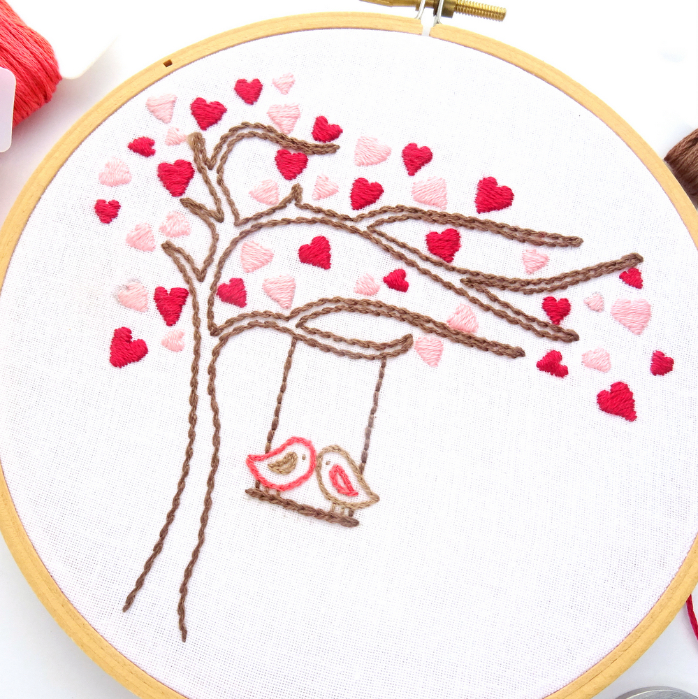 Love Birds Heart Tree Hand Embroidery Pattern - Wandering Threads Embroidery