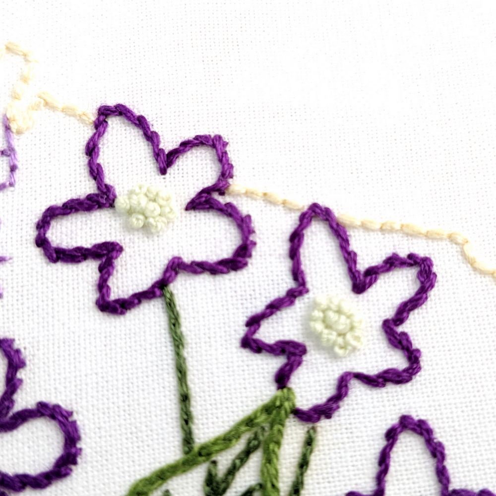 Small Violet flowers stitched on white fabric.