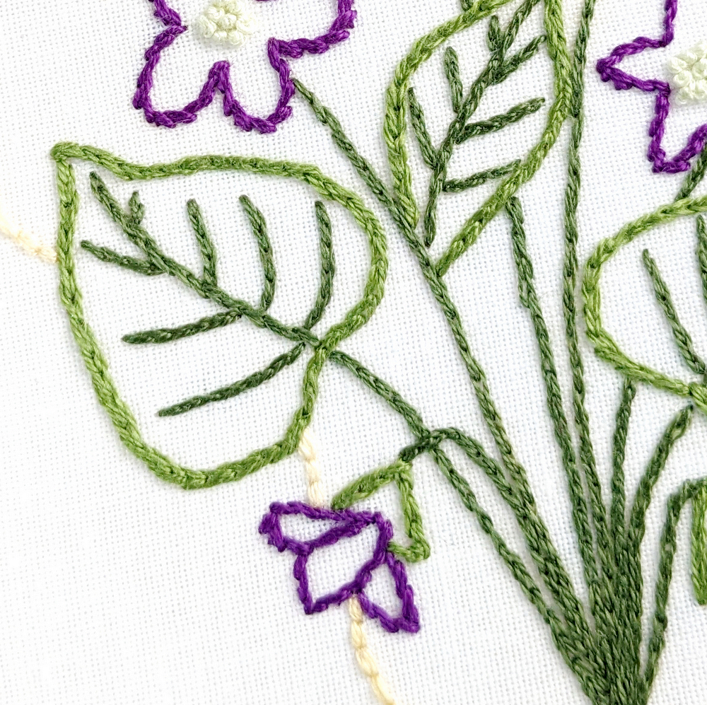 Green leaves & violet flowers stitched on white fabric.