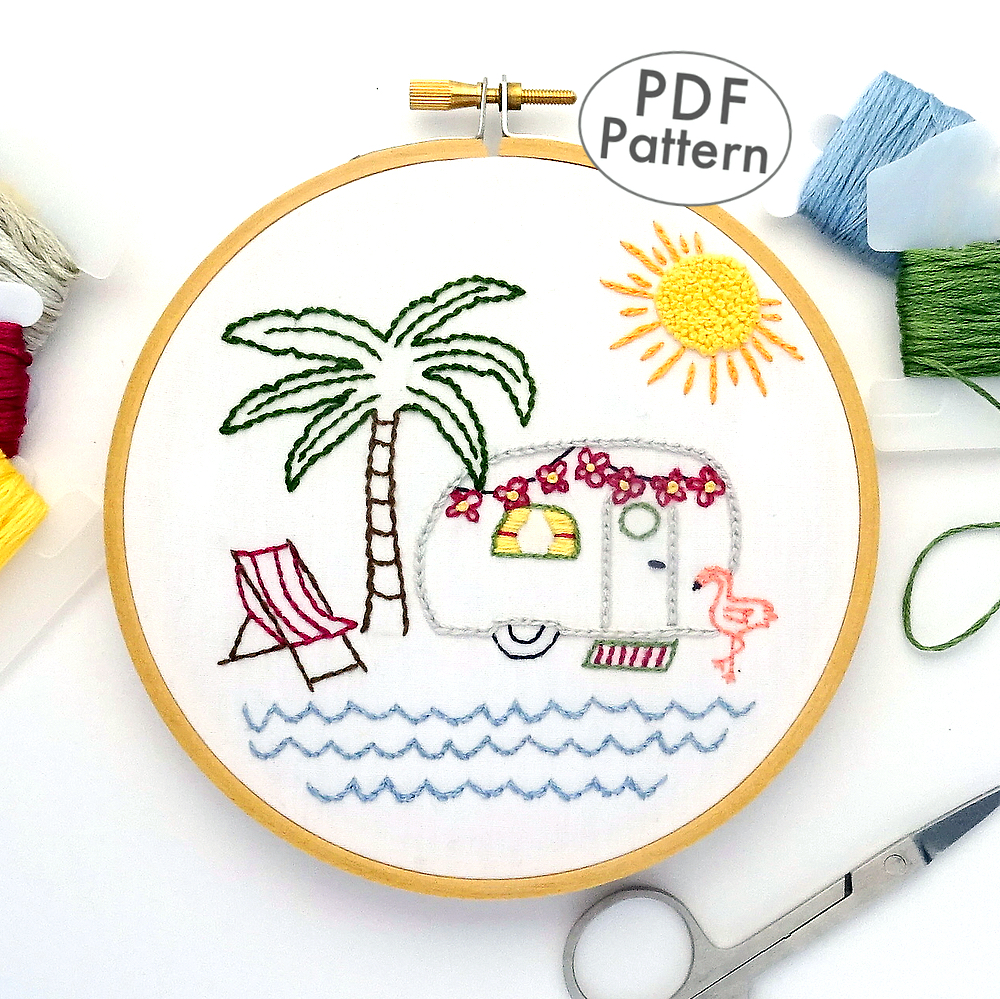 Vintage Trailer Palm Tree Paradise Hand Embroidery Pattern