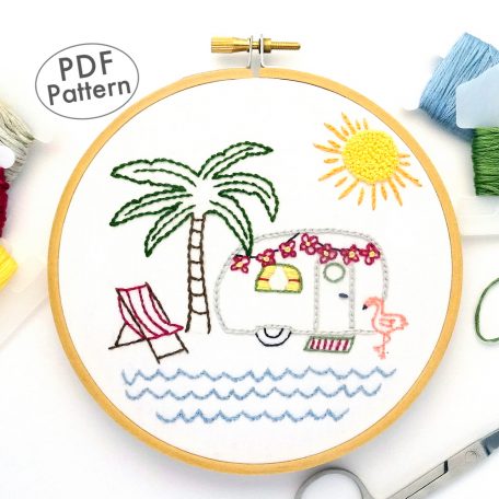 Vintage Trailer Palm Tree Paradise Hand Embroidery Pattern