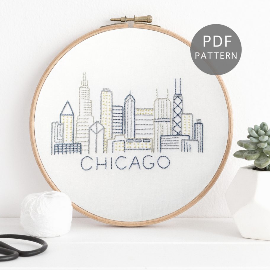 Chicago Skyline Hand Embroidery Pattern Wandering Threads Embroidery