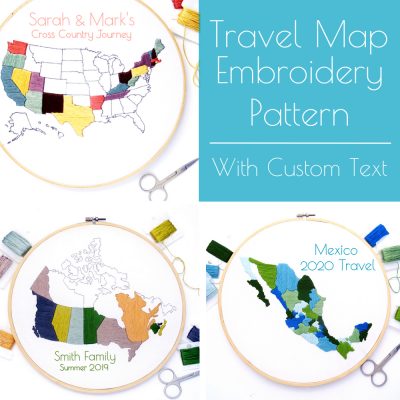 Travel Map Hand Embroidery Pattern with Custom Text