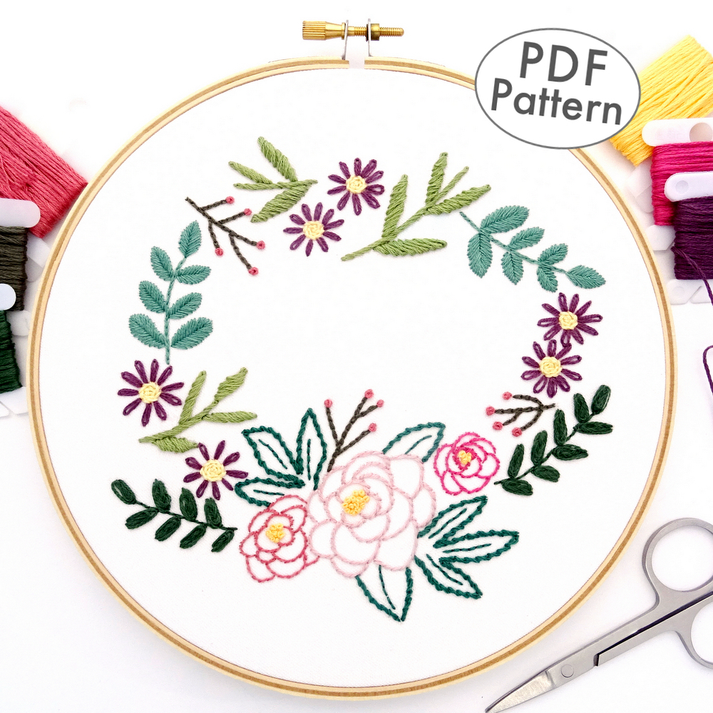 Peony Wreath Hand Embroidery Pattern