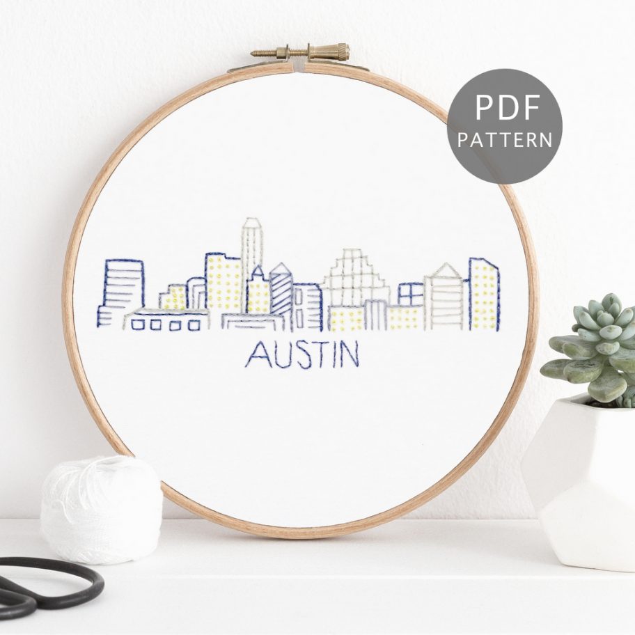 Austin City Skyline Hand Embroidery Pattern Wandering Threads Embroidery