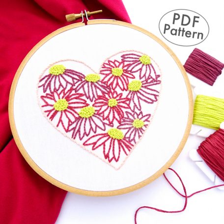 Flower Heart Hand Embroidery Pattern