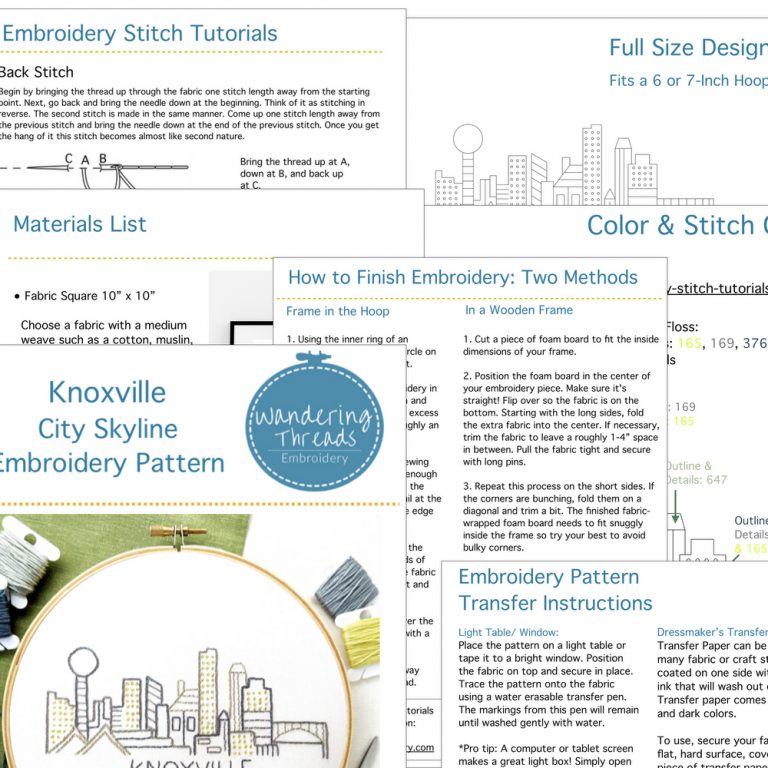 Knoxville City Skyline Hand Embroidery Pattern Wandering Threads