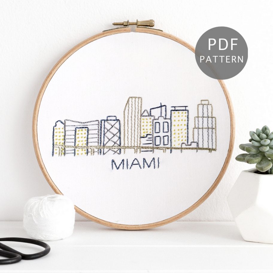 Miami City Skyline Hand Embroidery Pattern Wandering Threads Embroidery