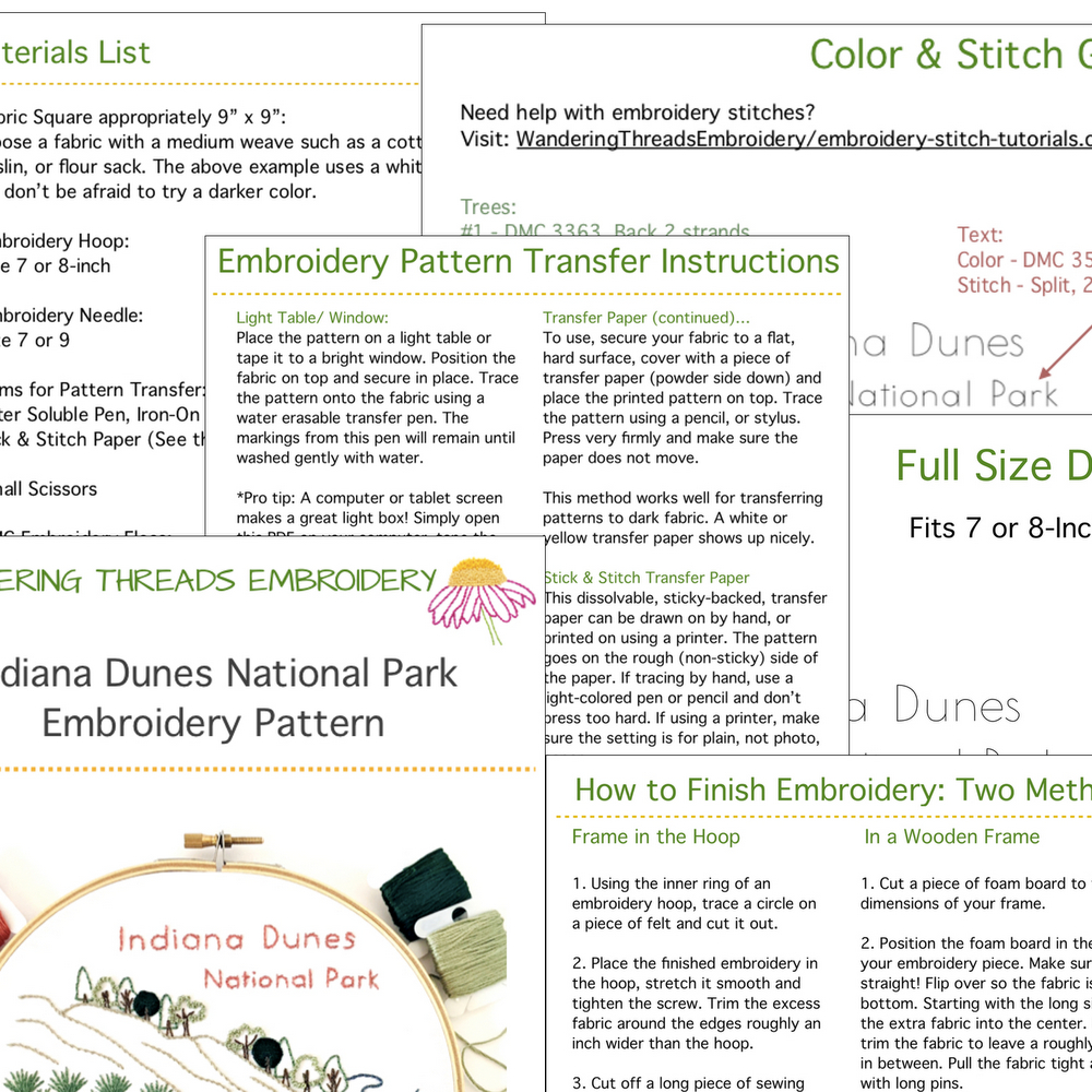 Sample of instructions contained in the Indiana Dunes National Park hand embroidery pattern