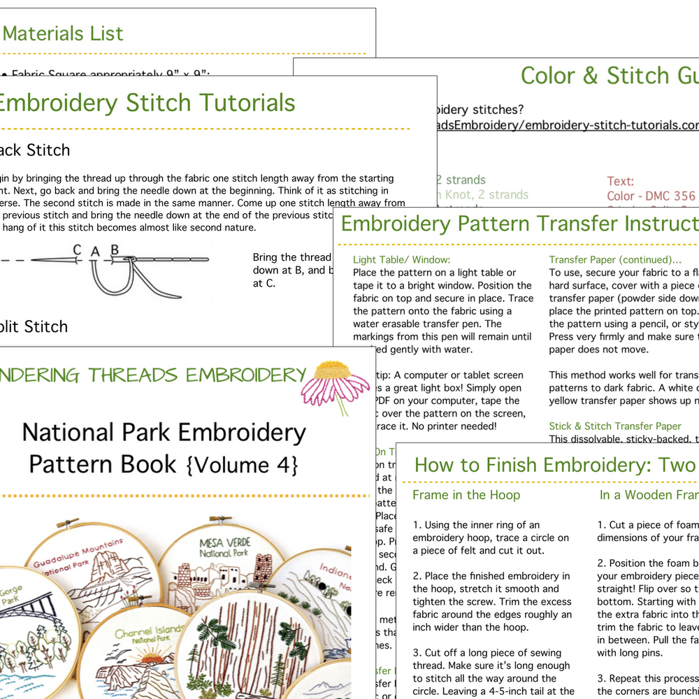 Sample of instructions included with the National Park Hand Embroidery Pattern Book {Volume 4}