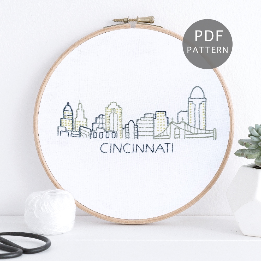 Cincinnati city skyline stitched on white fabric inside a wooden frame.
